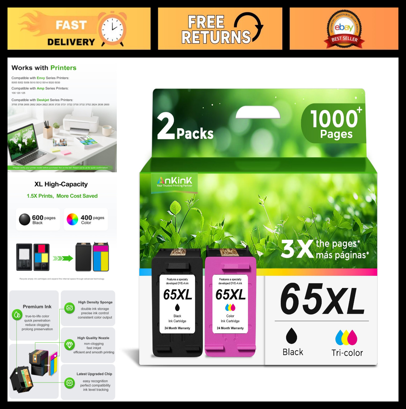 High-Capacity Black Ink Cartridge Replacement for HP 65XL, Compatible Ink 65 HP6