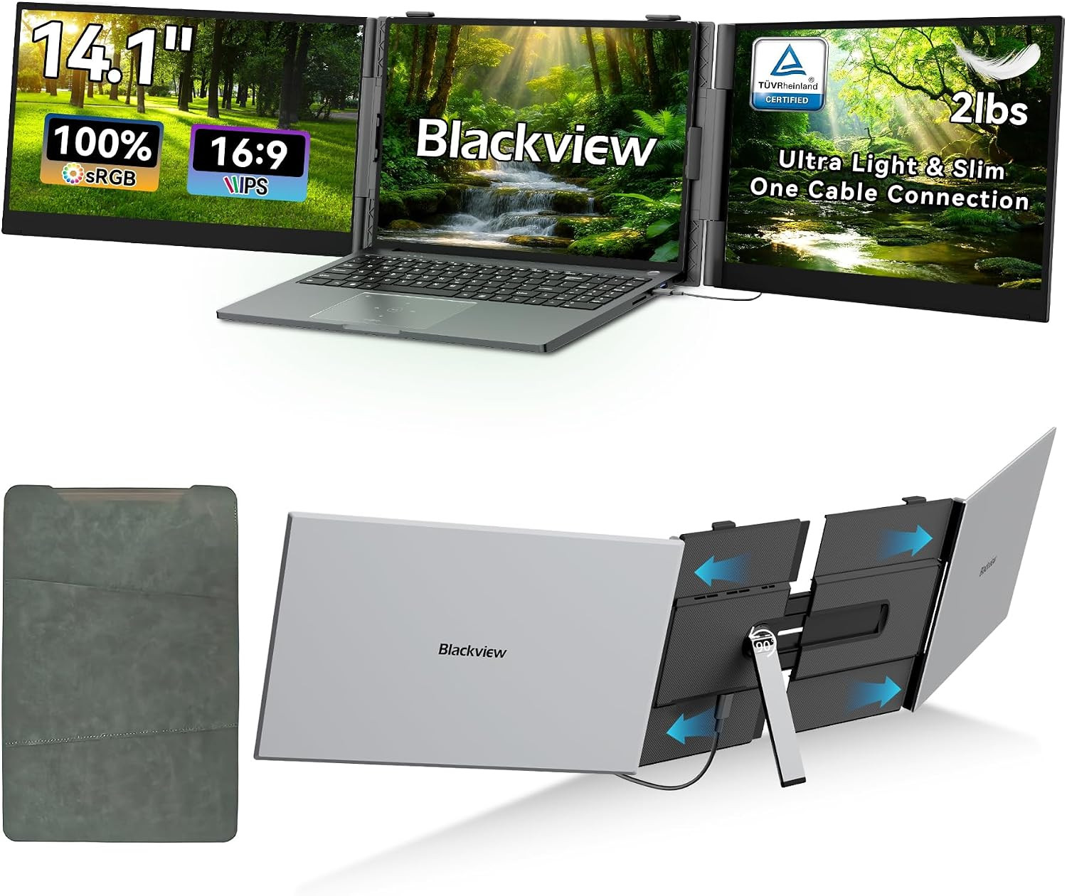Laptop Screen Extender, 2 Lb Ultra-Light, One-Cable Connection, 14.1" Triple Scr