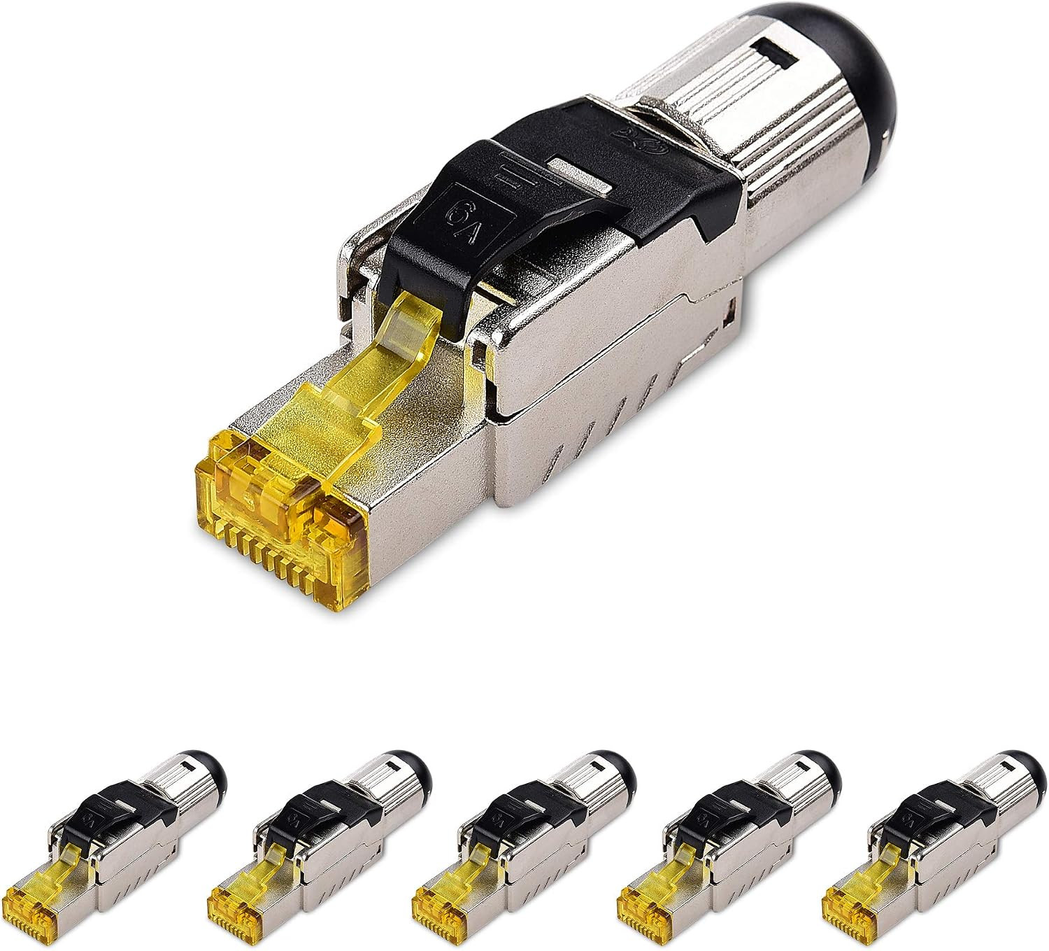 6-Pack Tool-Free Shielded Cat6A / Cat6 RJ45 Termination Plug Connector, 10Gbps