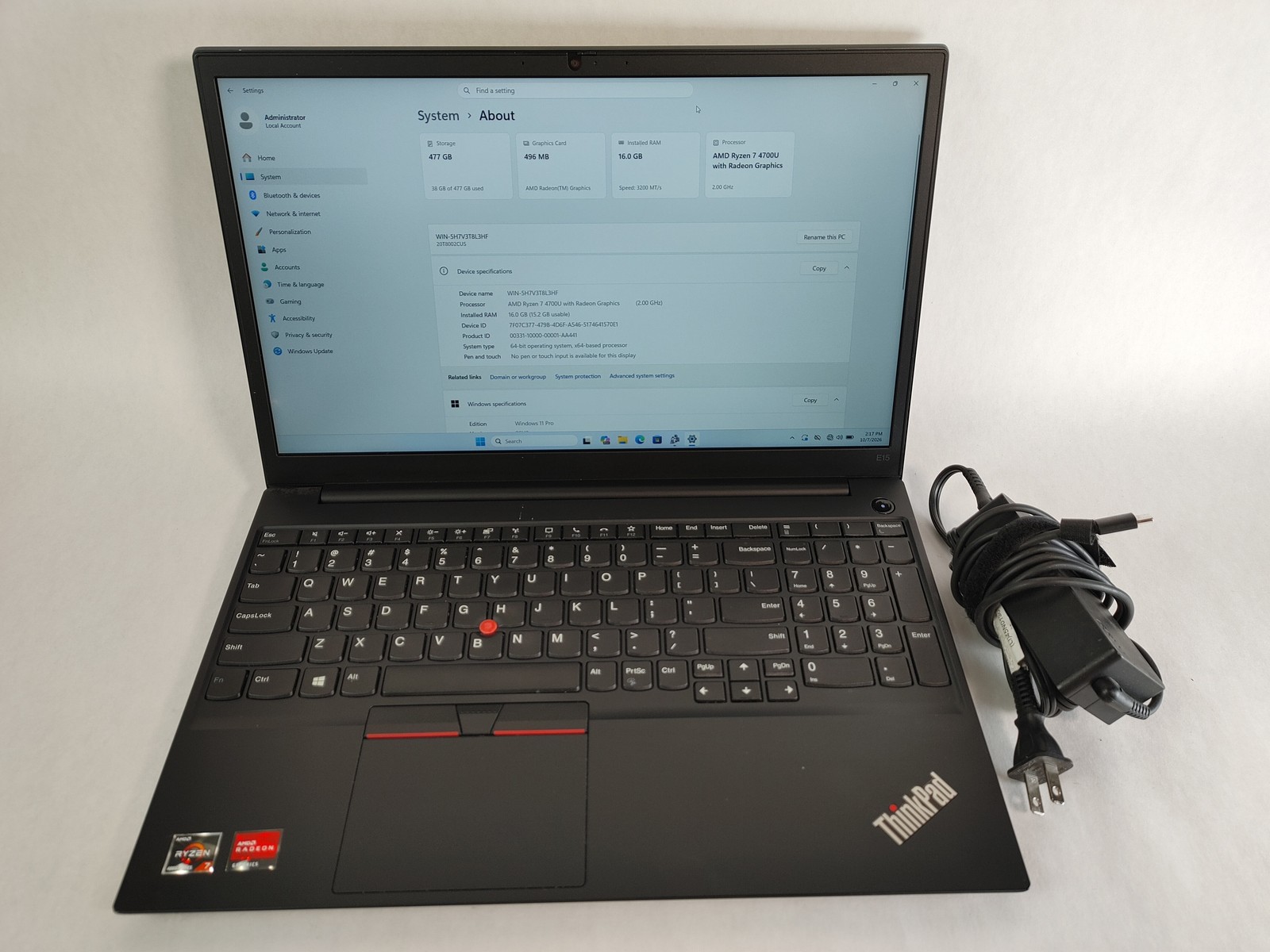 Lenovo ThinkPad E15 Gen 2 Ryzen 7 4700U 2.00 GHz 16 GB DDR4 512 GB NVMe Windows