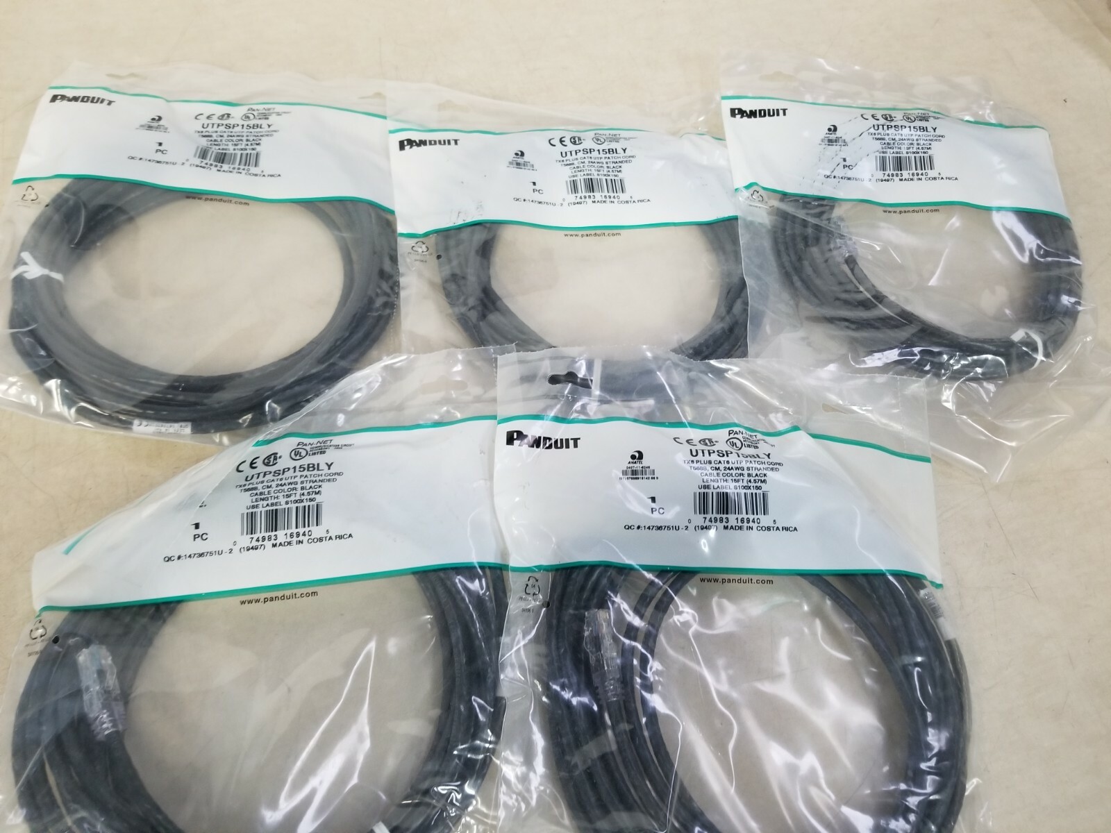 Lot of 5 - PANDUIT UTPSP15BLY Copper Patch Cables, Cat 6, Black Cable, 15 Ft