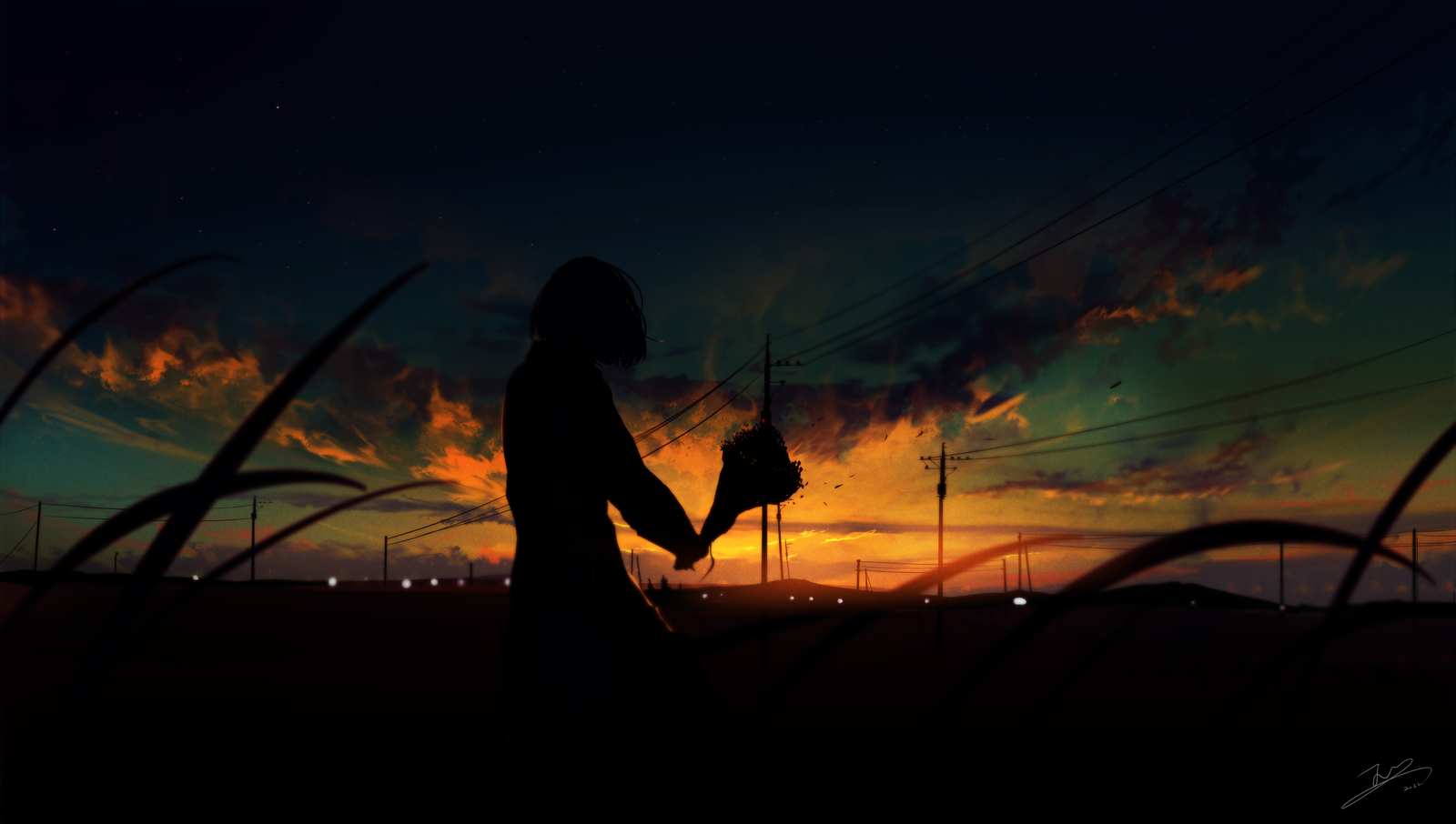 Landscape  pixiv dusk sunset fantasy girl silhouette Custom Gaming Mat Desk