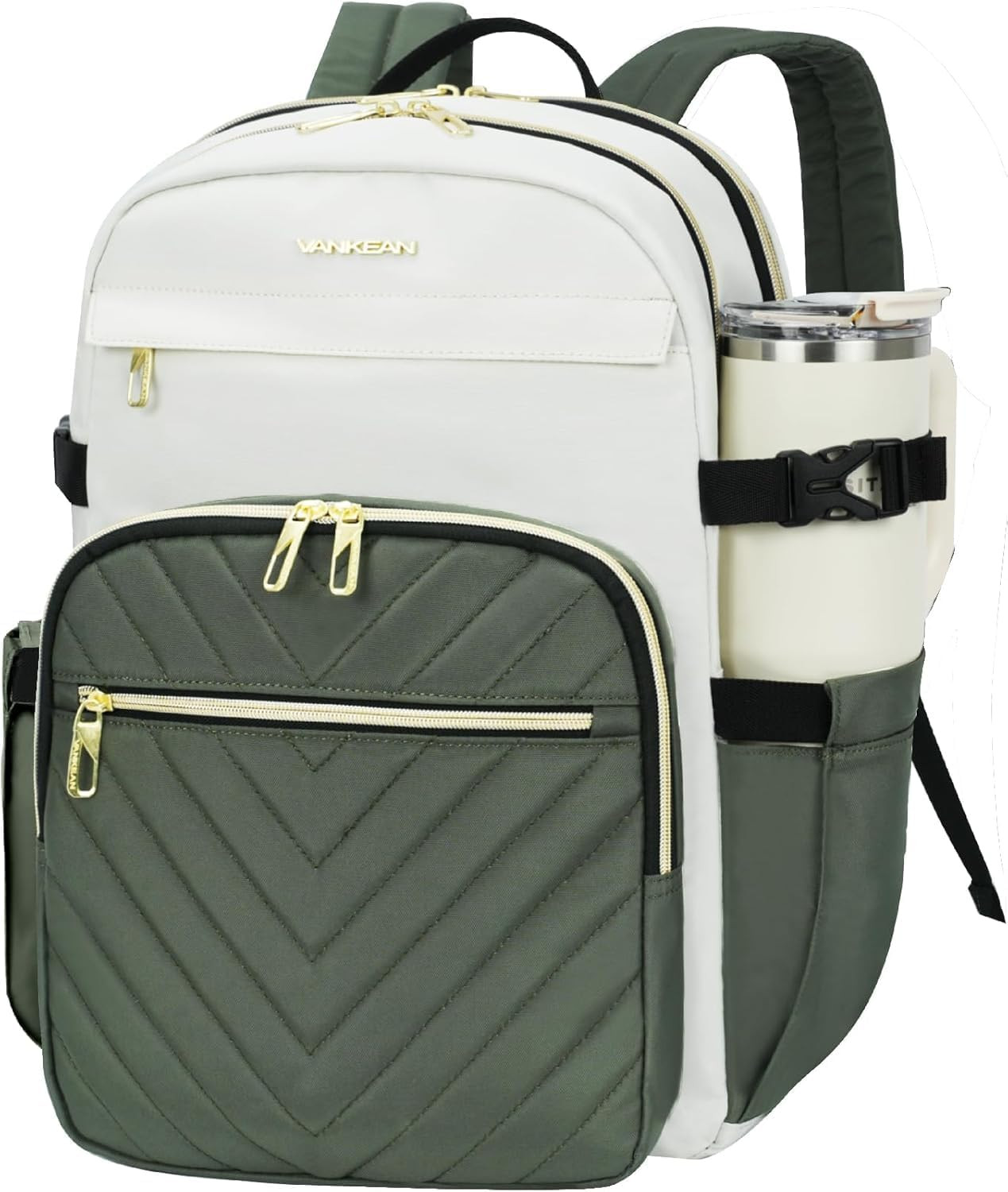 VANKEAN Laptop Backpack for Women (Beige-Army Green, 15.6 Inch)