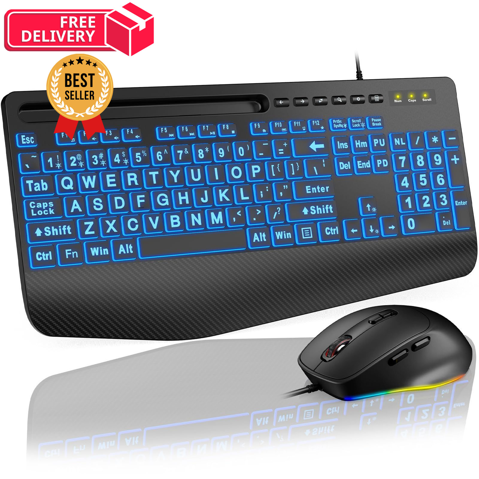 SABLUTE Wired Large Print Backlit Keyboard 17*8.5*1.25, Classic Black-Wired