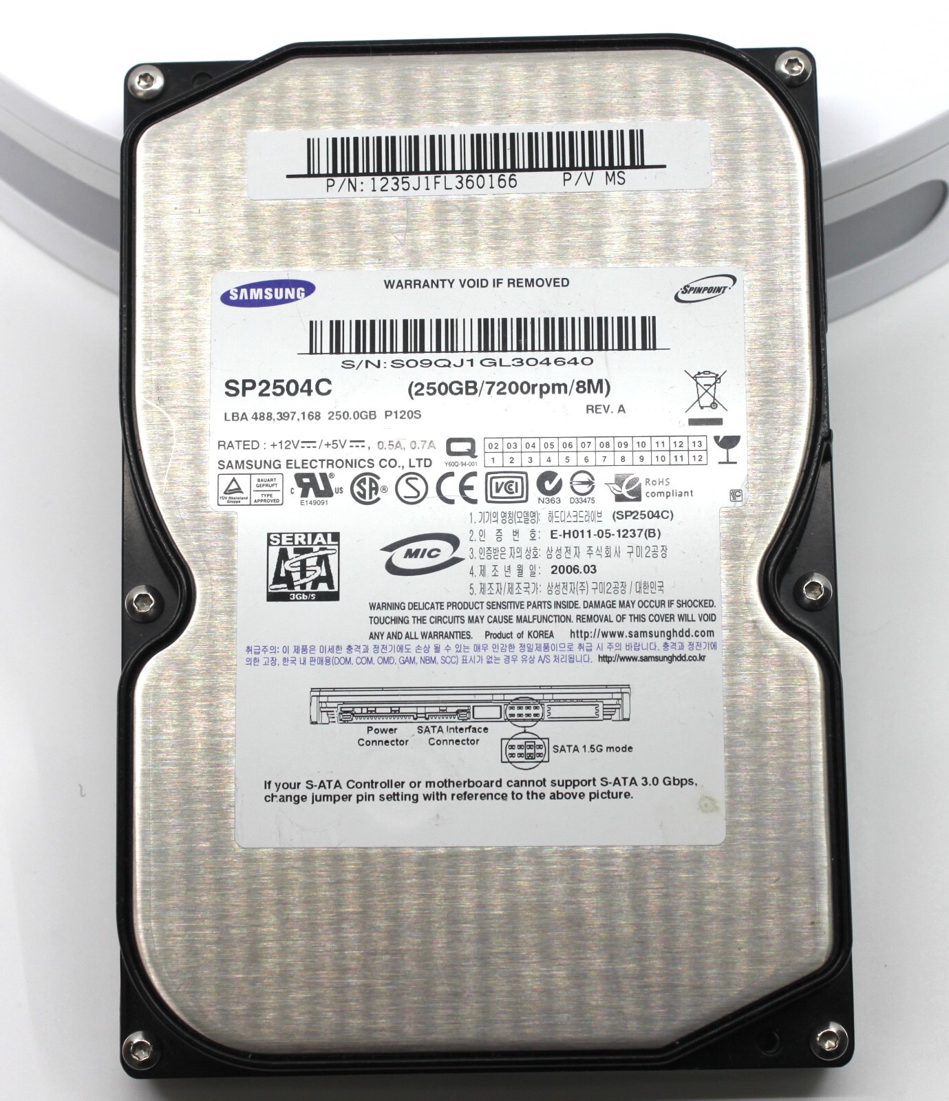Samsung Hard Drive 250GB SATA 3.5 SP2504C, SP2504C, FW VT100-49, P120S,
