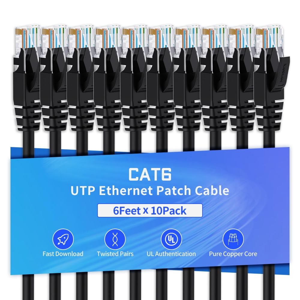 10 PCS Cat6 Ethernet Cable 6 Feet Network RJ45 Internet Patch Unshielded Black