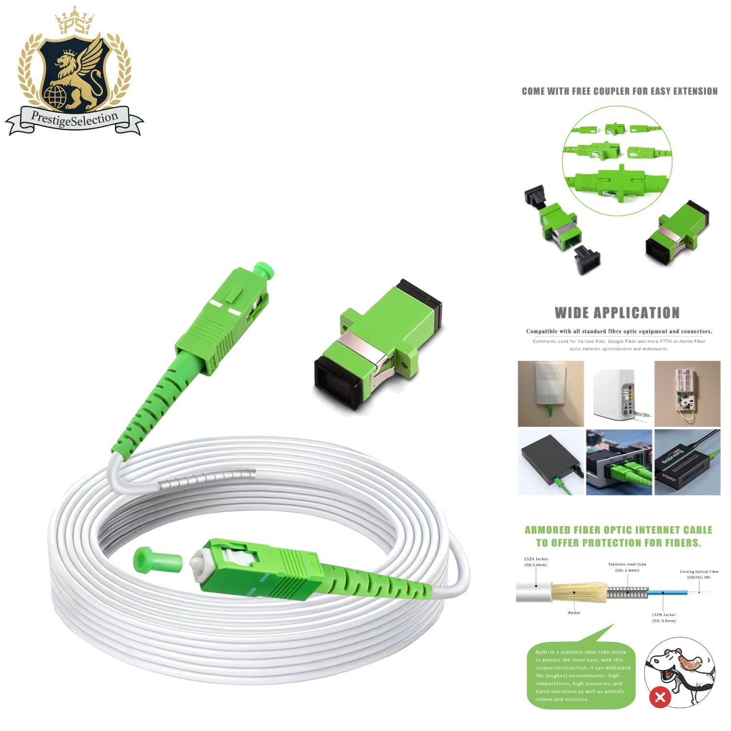 50ft Armored SC/APC to SC/APC Fiber Optic Cable - 10Gbps - Indoor/Outdoor
