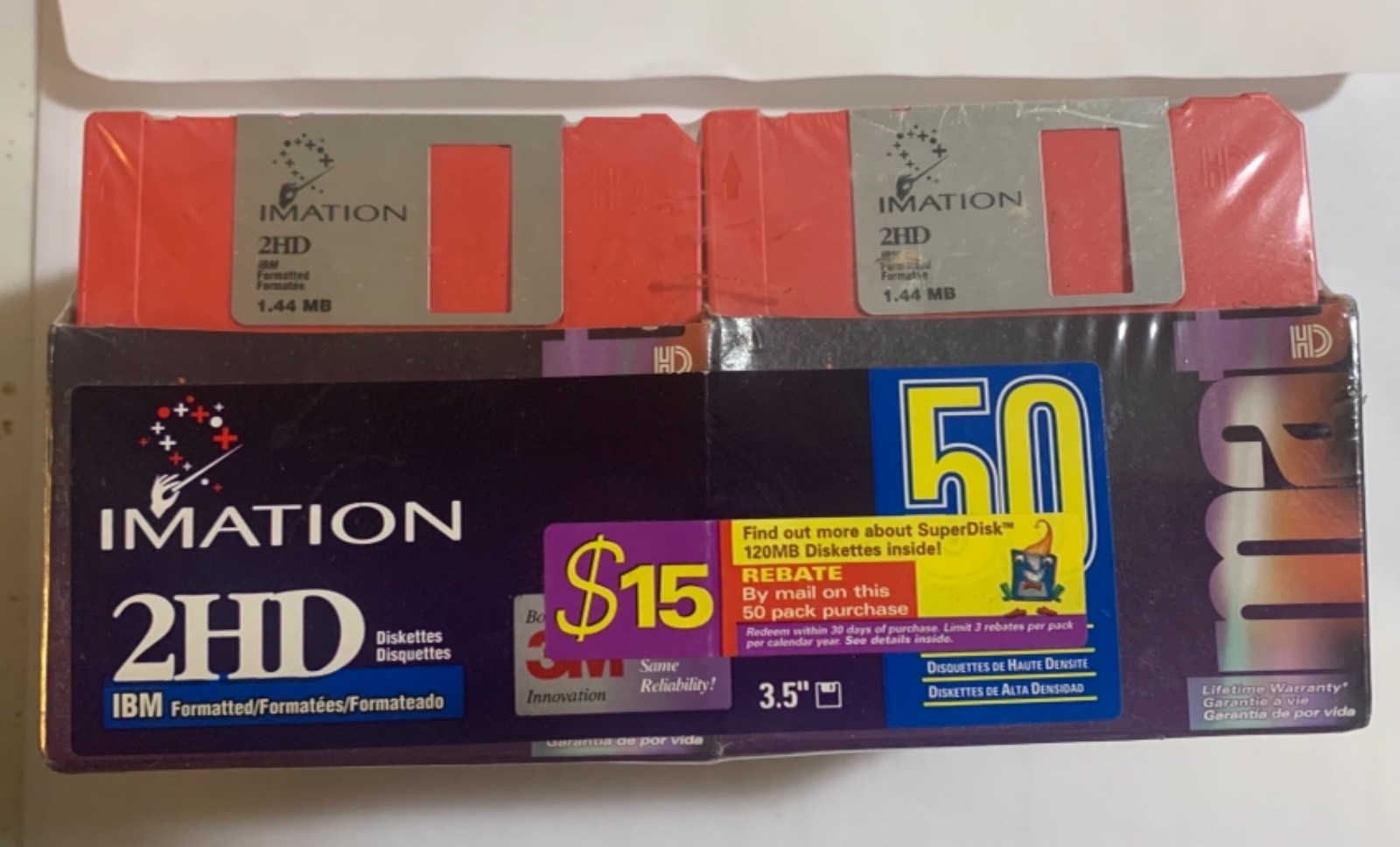 NOS Imation 2HD 3.5" Diskettes 1.44 MB IBM Formatted 50-pk 5 Colors Sealed