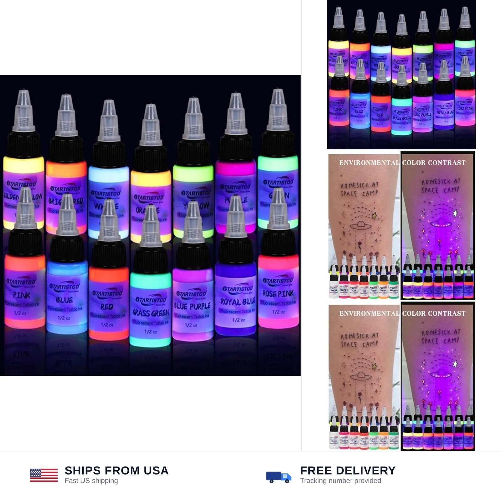 14 Color Tattoo Ink Set 1/2(15ml)/Bottle GTARTISTOO Professional Tattoo Fluor...