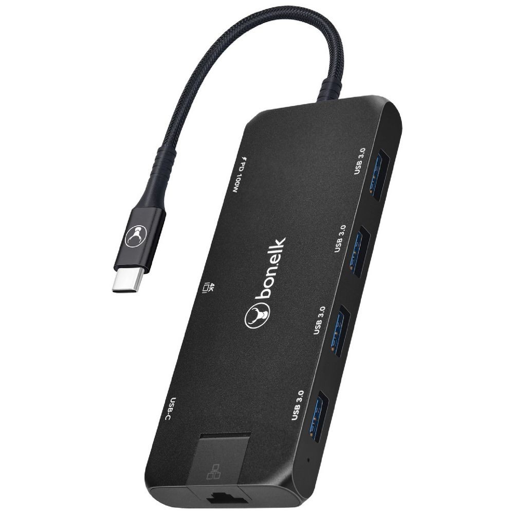 BonElk USB-C 8-in-1 Multiport USB Hub w/ 4K HDMI, Ethernet, 100W PD Ports, Black