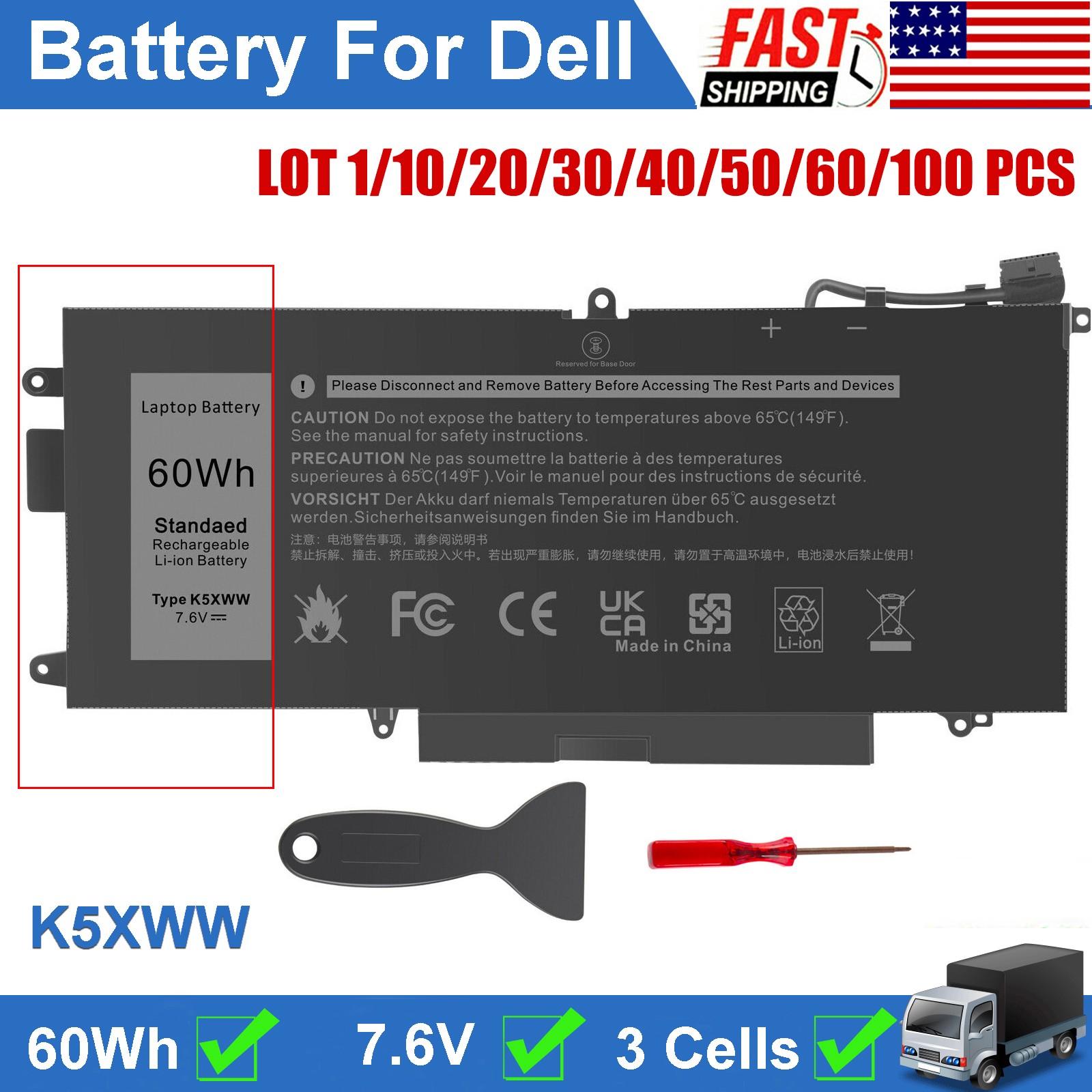 ✅LOT 1-100 K5XWW BATTERY FOR DELL Latitude 5289 7389 7390 2 in 1 71TG4 60Wh NEW