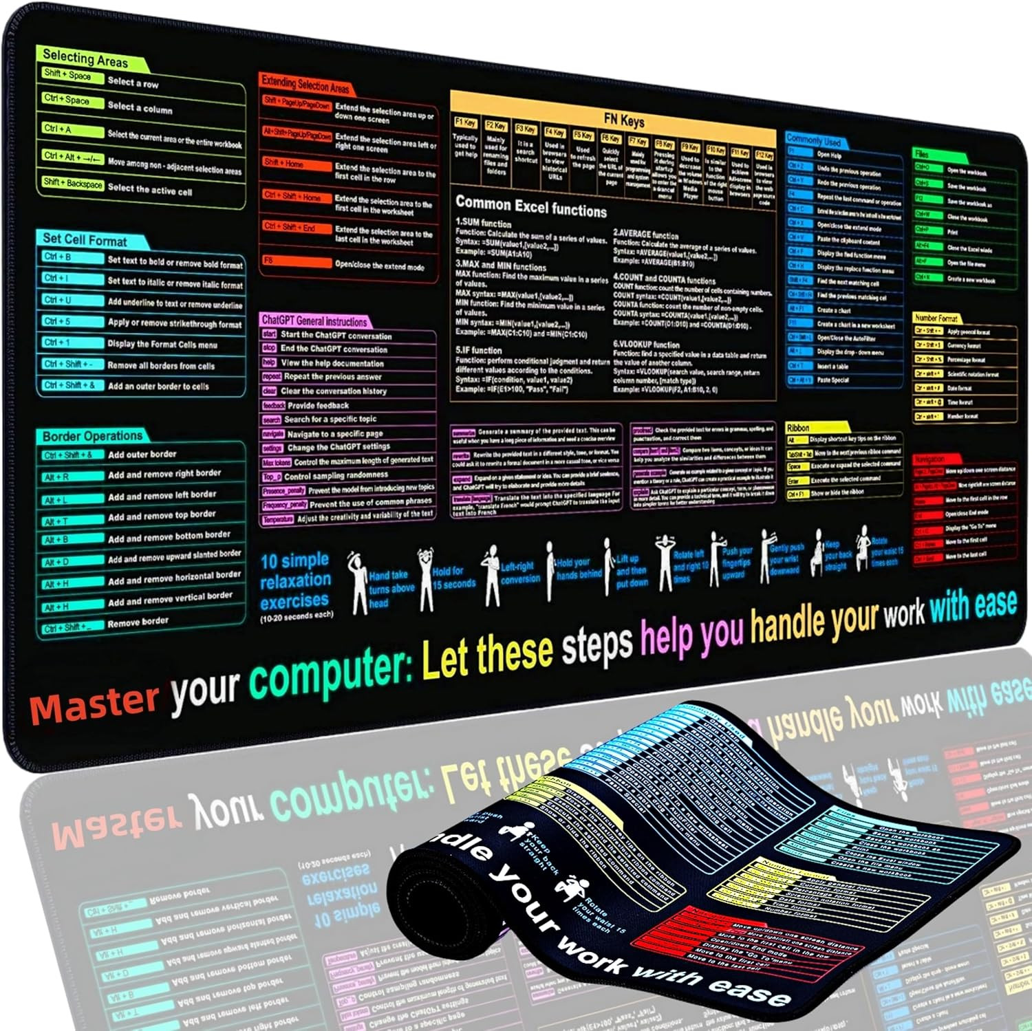Excel Cheat Sheet Desk Pad Mat (11.8X31.5In) - XL Excel Formulas Shotcuts Mouse