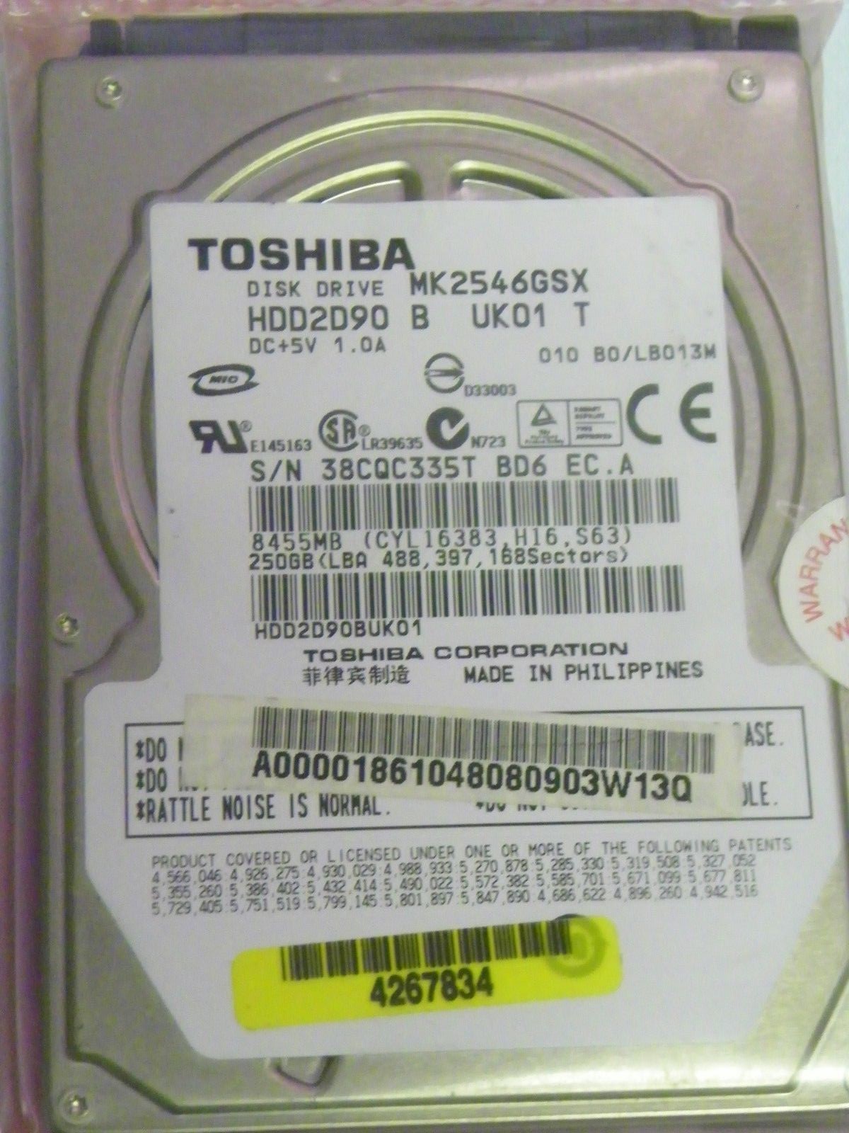 Toshiba MK2546GSX (HDD2D90 B UK01 T) 010 B0/LB013M Laptop 250GB 2.5" SATA HDD