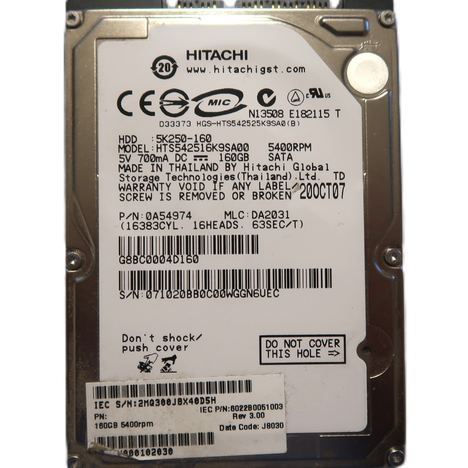 Hitachi HTS542516K9SA00 0A54974 DA2031 Thailand 160gb 2.5" Sata Thailand OCT/07