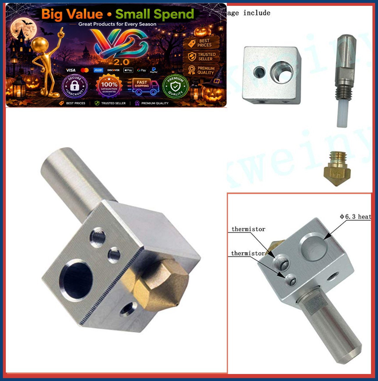 MK10 Hotend Kit 0.4mm Nozzle 1.75mm PTFE Throat Aluminum Heater Block M3 M4