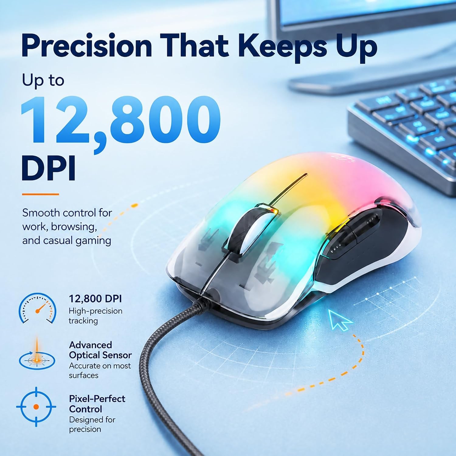 MANHATTAN RGB LED Wired USB Mouse, 12800 DPI, 5 Buttons, Braided