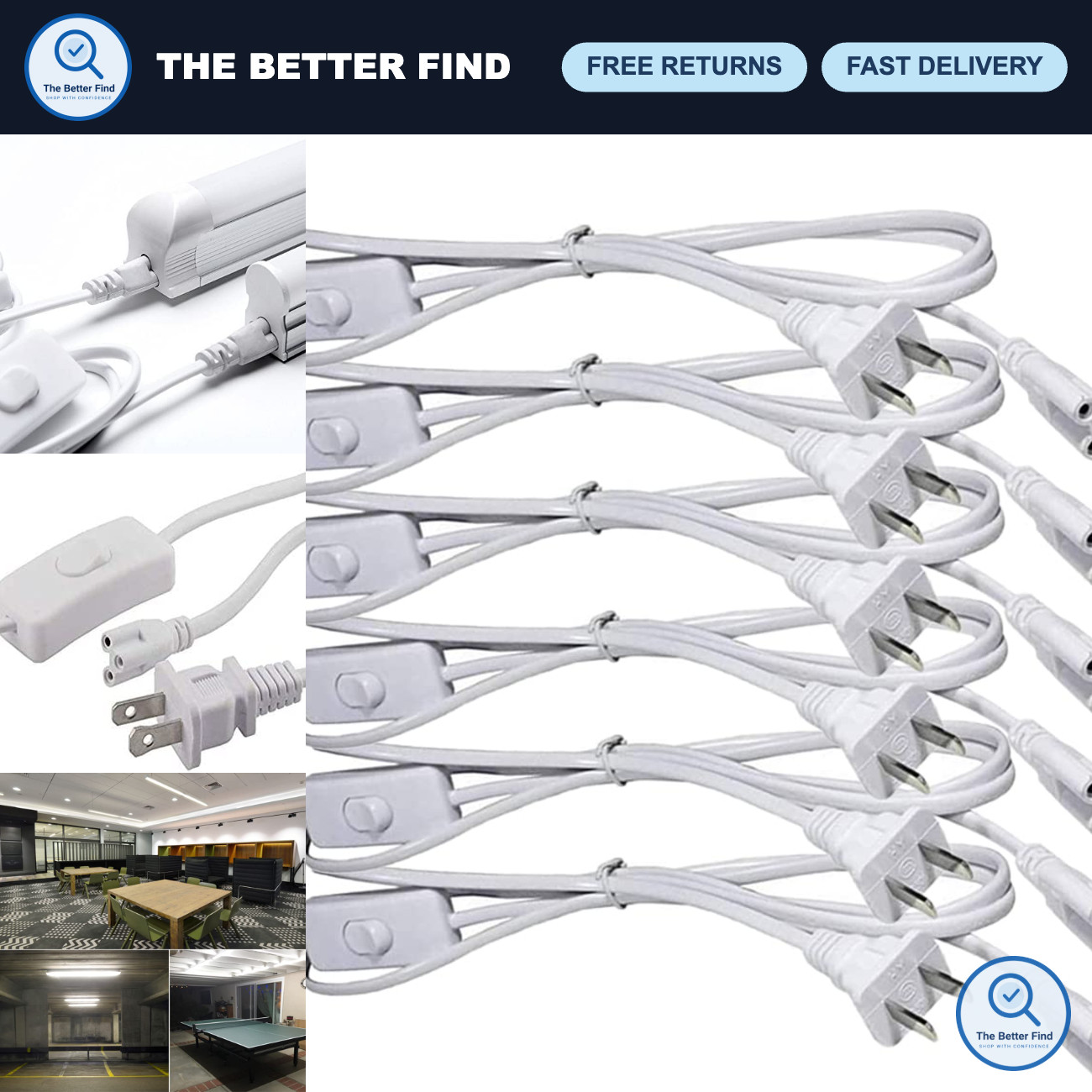 6FT LED Tube Power Extension Cable with On/Off Switch for T5/T8 Light Fixtures