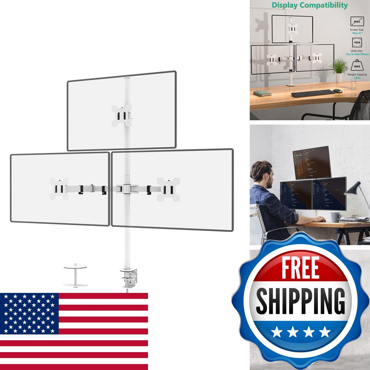 WALI M003-W Tall Triple Monitor Stand for 3 Screens up to 27" White