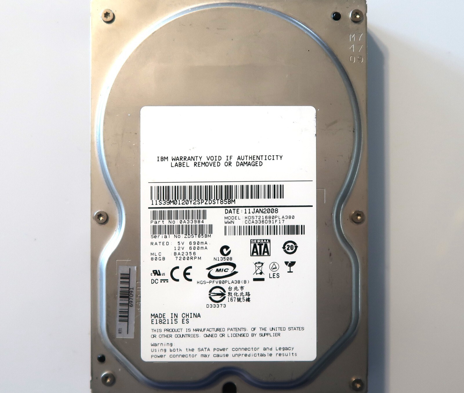 Hitachi HDS721680PLA380 0A33984 BA2356 China 80gb Sata 3.5" HDD 11JAN2008