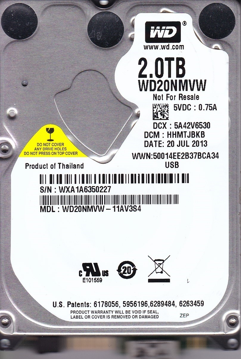 WD20NMVW-11AV3S4 dcm: HHMTJBKB s/n: WXA1A6 JUL 2013 2TB USB 3. WESTERN DIGITAL