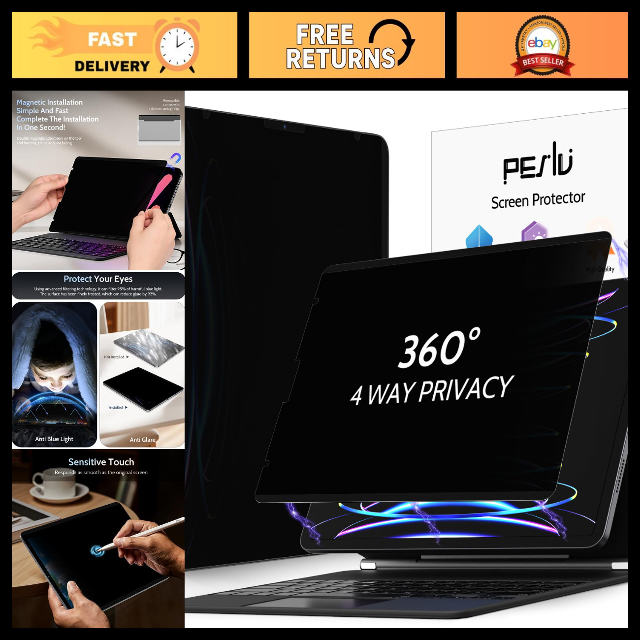 4-Way Magnetic Privacy Screen Protector for iPad Pro 12.9" - Anti-Glare, HD Clar