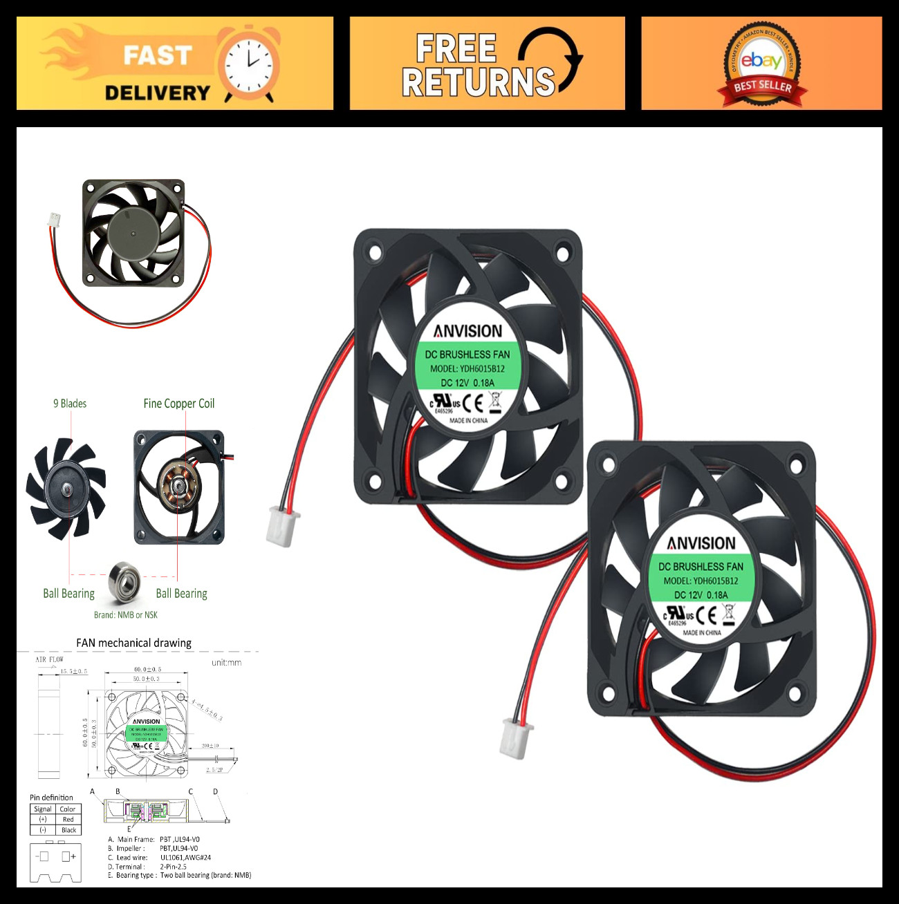 2-Pack 60mm x 15mm DC 12V Brushless Cooling Fans, Dual Ball Bearing, Quiet & Eff