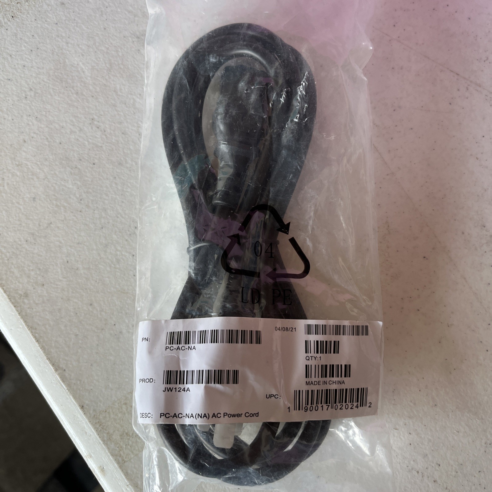 HPE Aruba Networking PC‑AC‑NA AC Standard Power Cord Cable P/N: JW124A