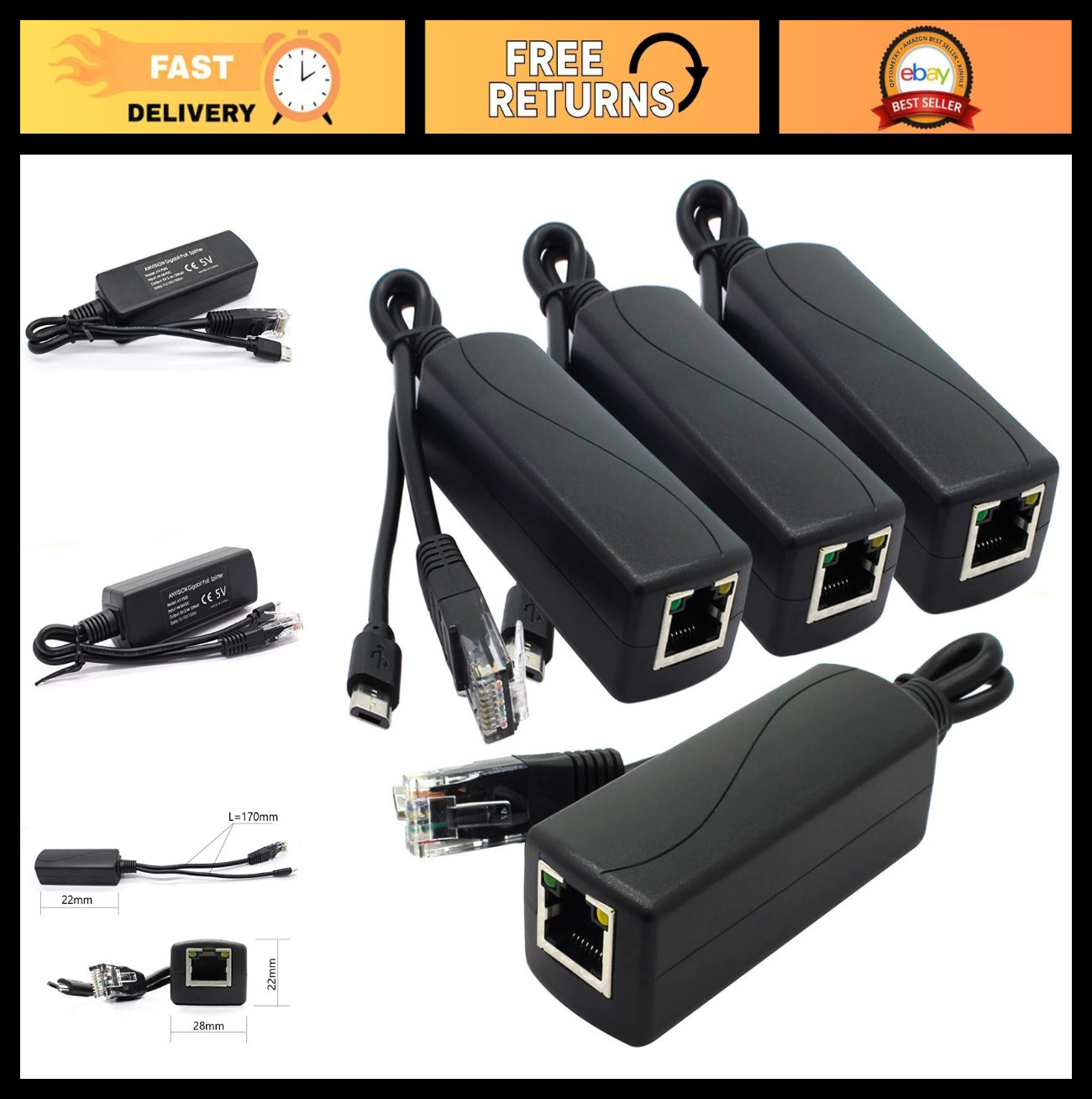 4-Pack Gigabit PoE Splitter 48V to 5V 2.4A Micro USB Ethernet Adapter for Raspbe