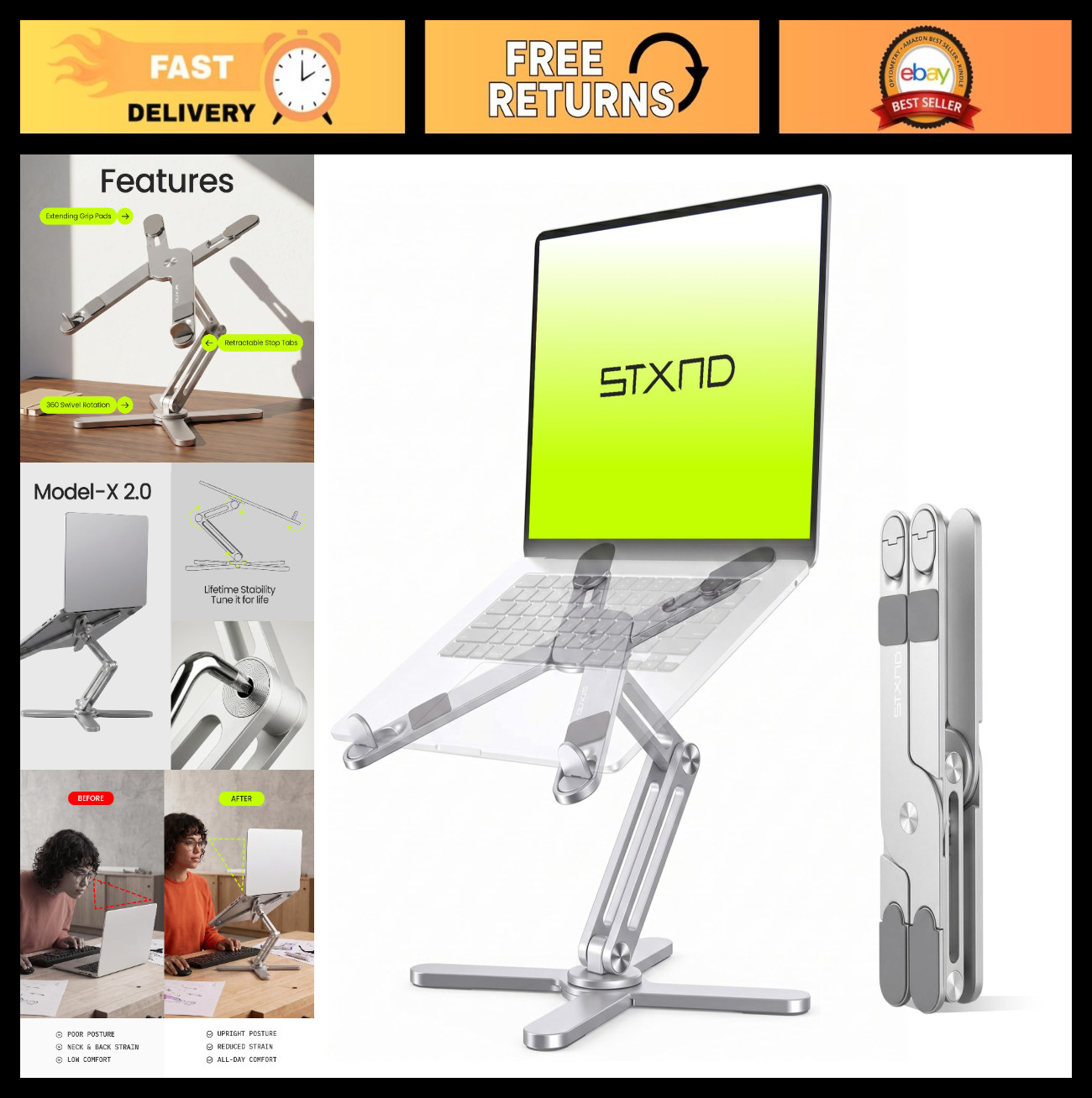 Adjustable Height Laptop Stand for Desk - Ergonomic Model-X 2.0, Portable & Stur