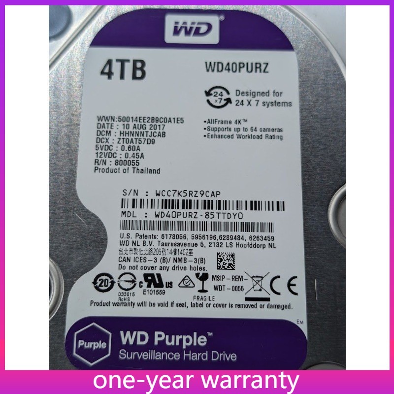 Western Digital 4TB WD40PURZ Purple SATA 6Gb/s 3.5" Hard Drive