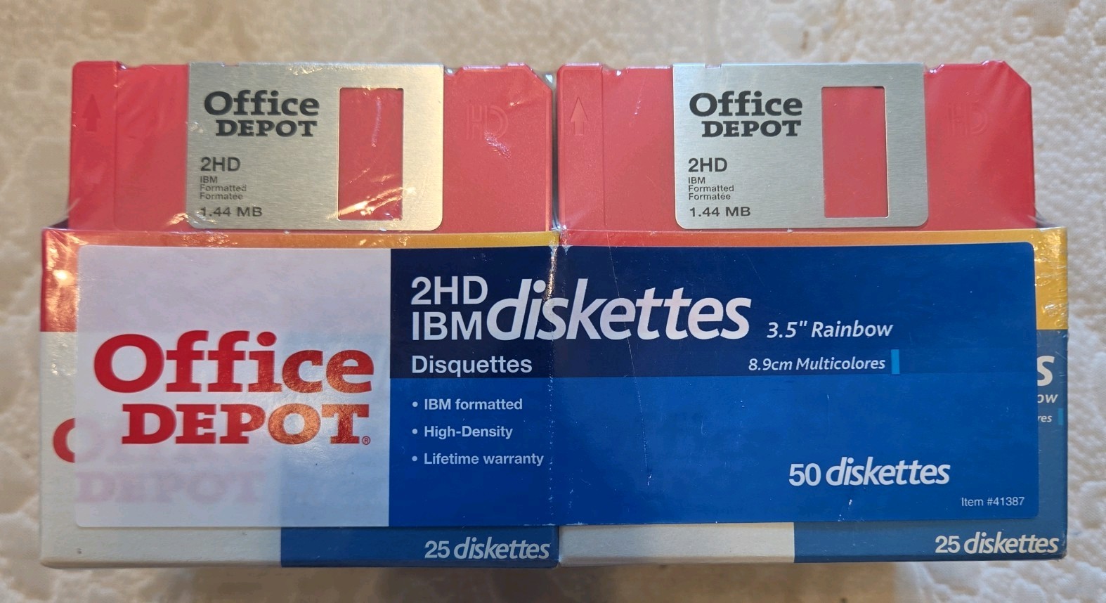 50 Pack 2HD 3.5" IBM Formatted 1.44 MB Diskettes Rainbow Colors Office Depot