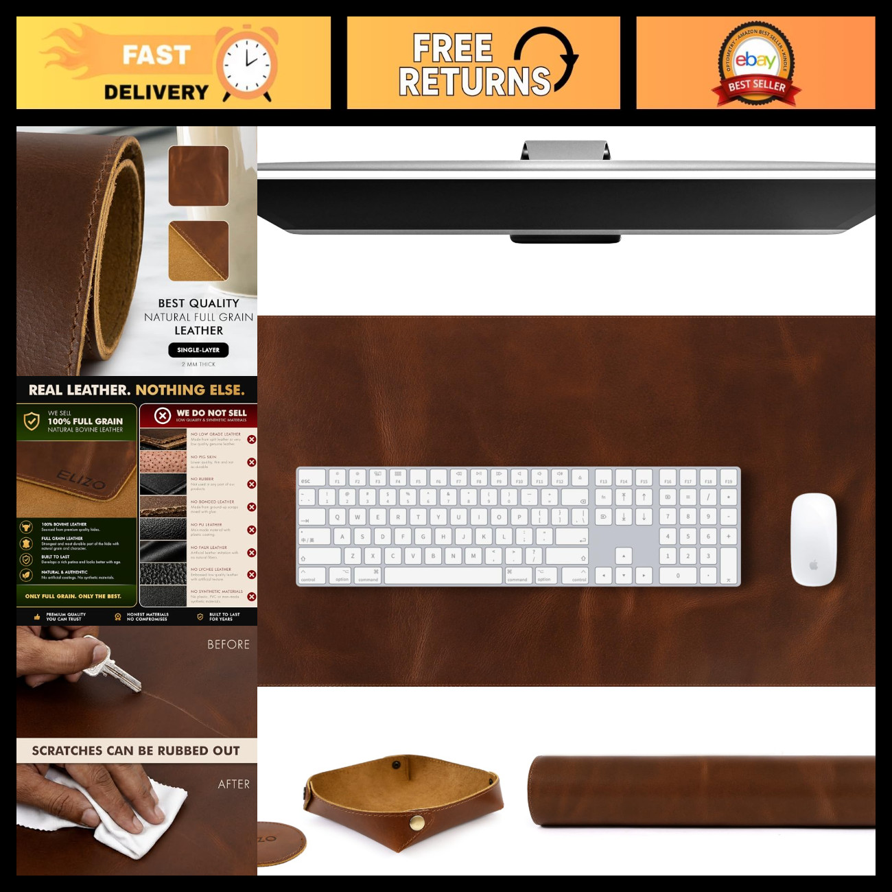 Large Real Leather Desk Mat Set (32x16) - Desk Blotter Protector & Mouse Pad for