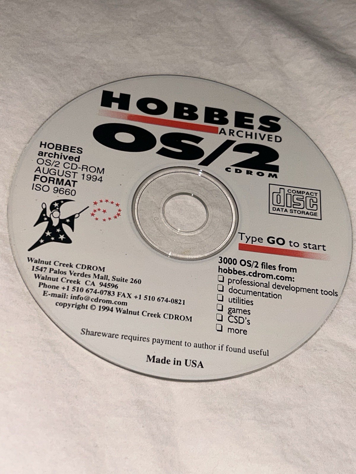 Hobbes OS/2 Archived Programs Walnut Creek PC CD-ROM  Aug 1994 Format Iso 9660