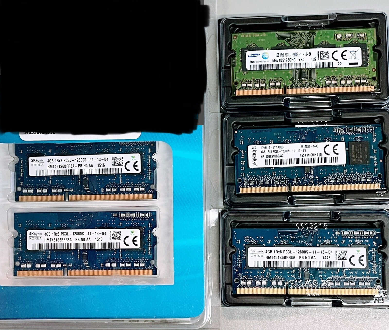Lot of 5 Laptop memory SK Hynix/Samsung/Kingston 5 x 4GB 1RX8 PC3L 12800S DDR3