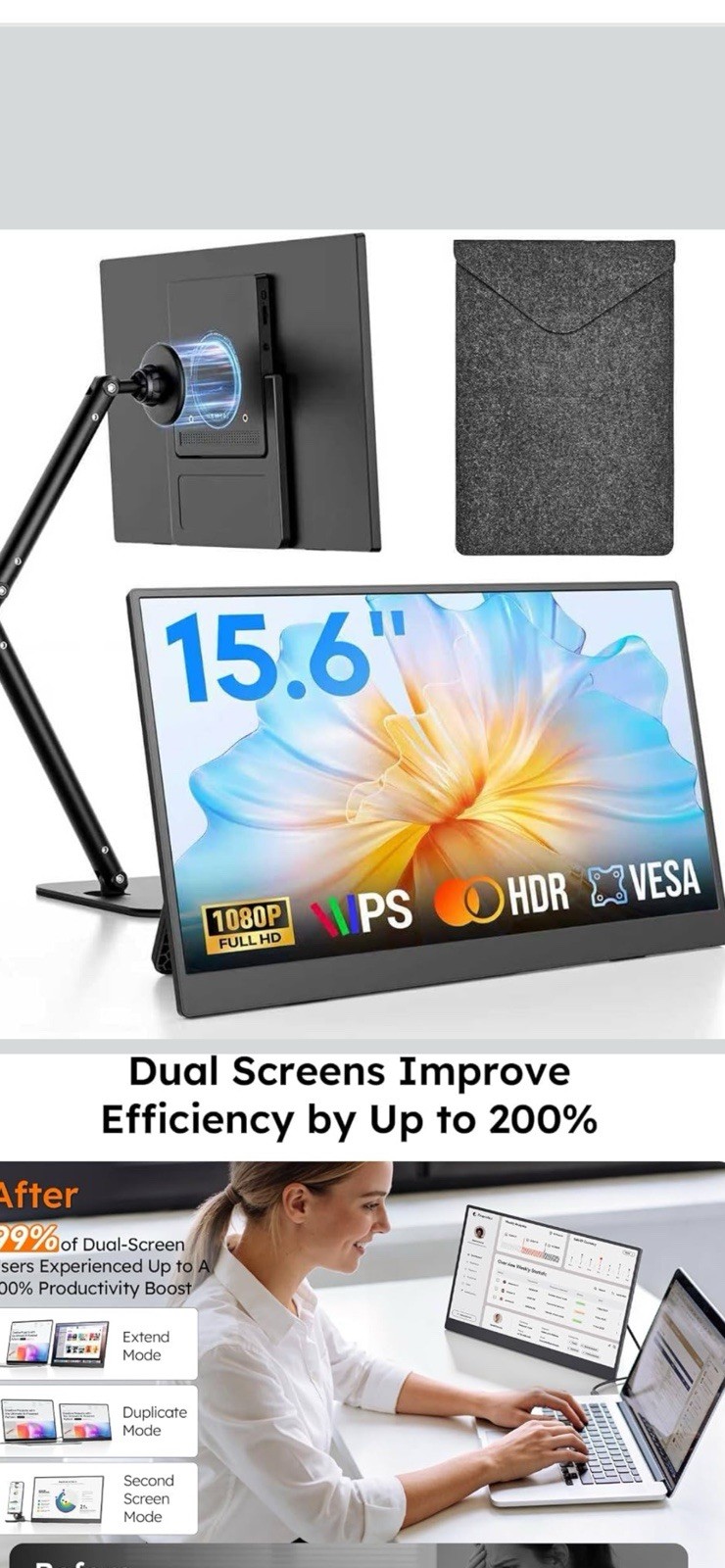 15.6" FHD Portable Monitor, IPS Travel Screen with Magnetic Stand & Case