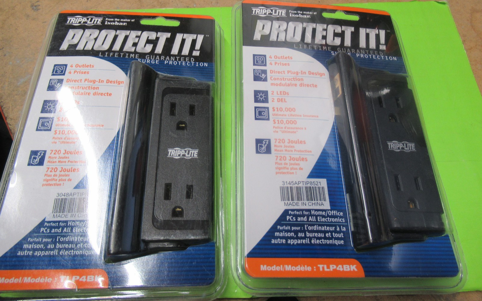 Lot of 2 TRIPP LITE TLP4BK Protect It Surge Protector 4 Side-Mounted Outlets