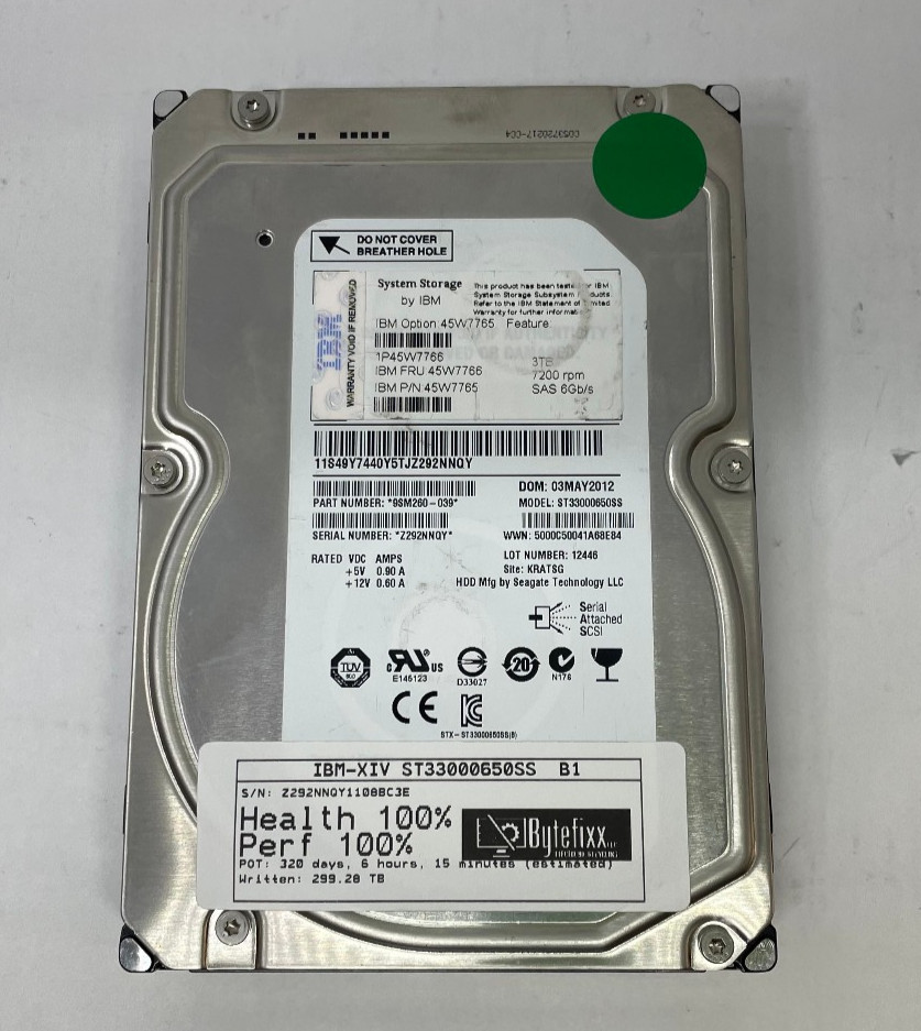 IBM 45W7766 SEAGATE ST33000650SS  3TB 3.5" SAS HDD Hard Drive 100% Health