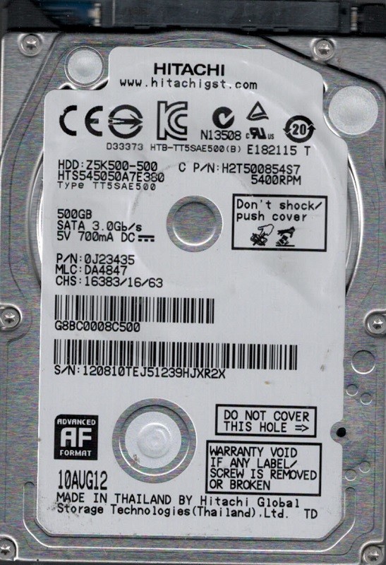 Hitachi HTS545050A7E380 P/N: 0J23435 MLC: DA4847 500GB