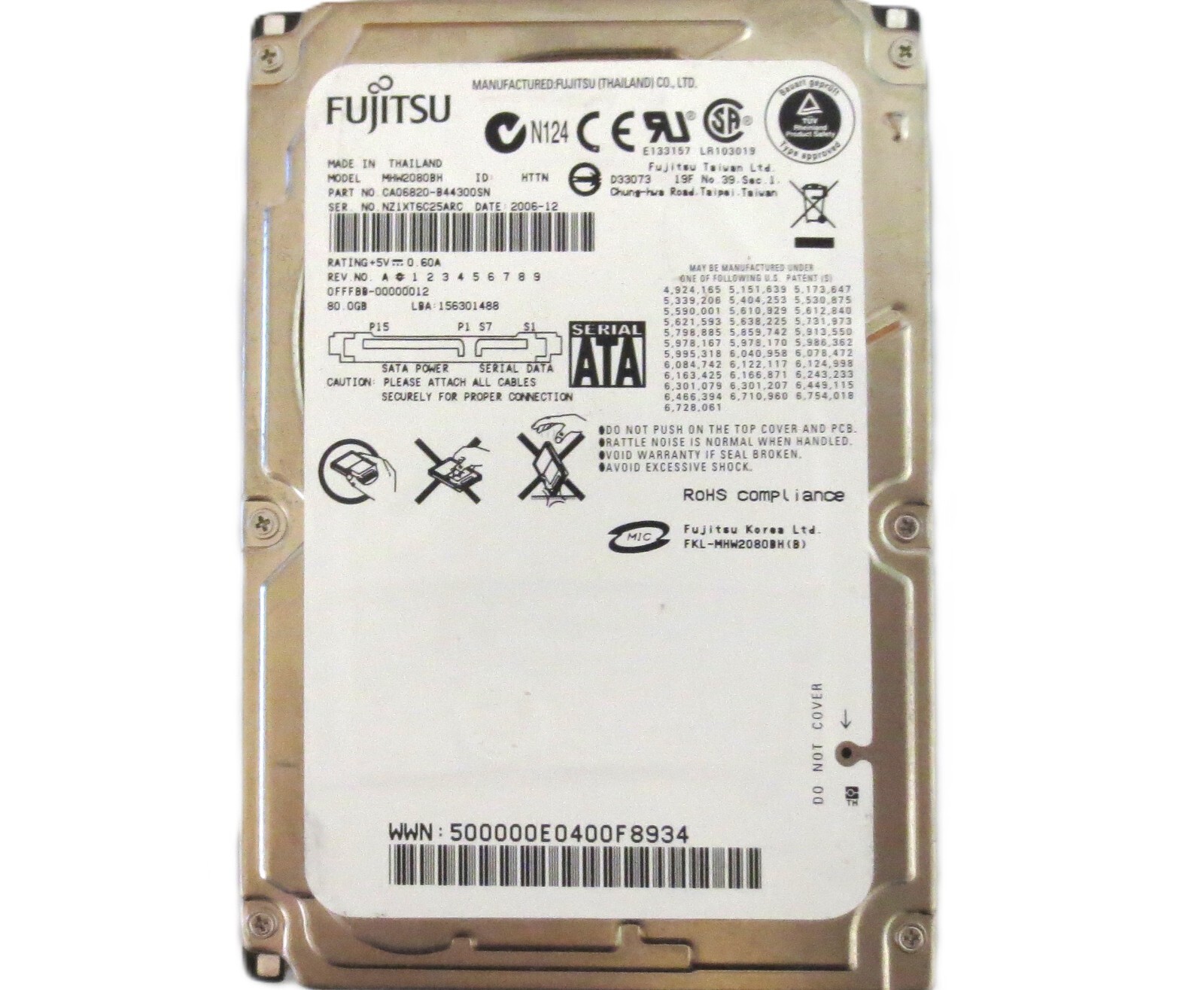Fujitsu MHW2080BH CA06820-B44300SN 0FFFBB-00000012 (NZ1) Thailand 80gb 2006-12