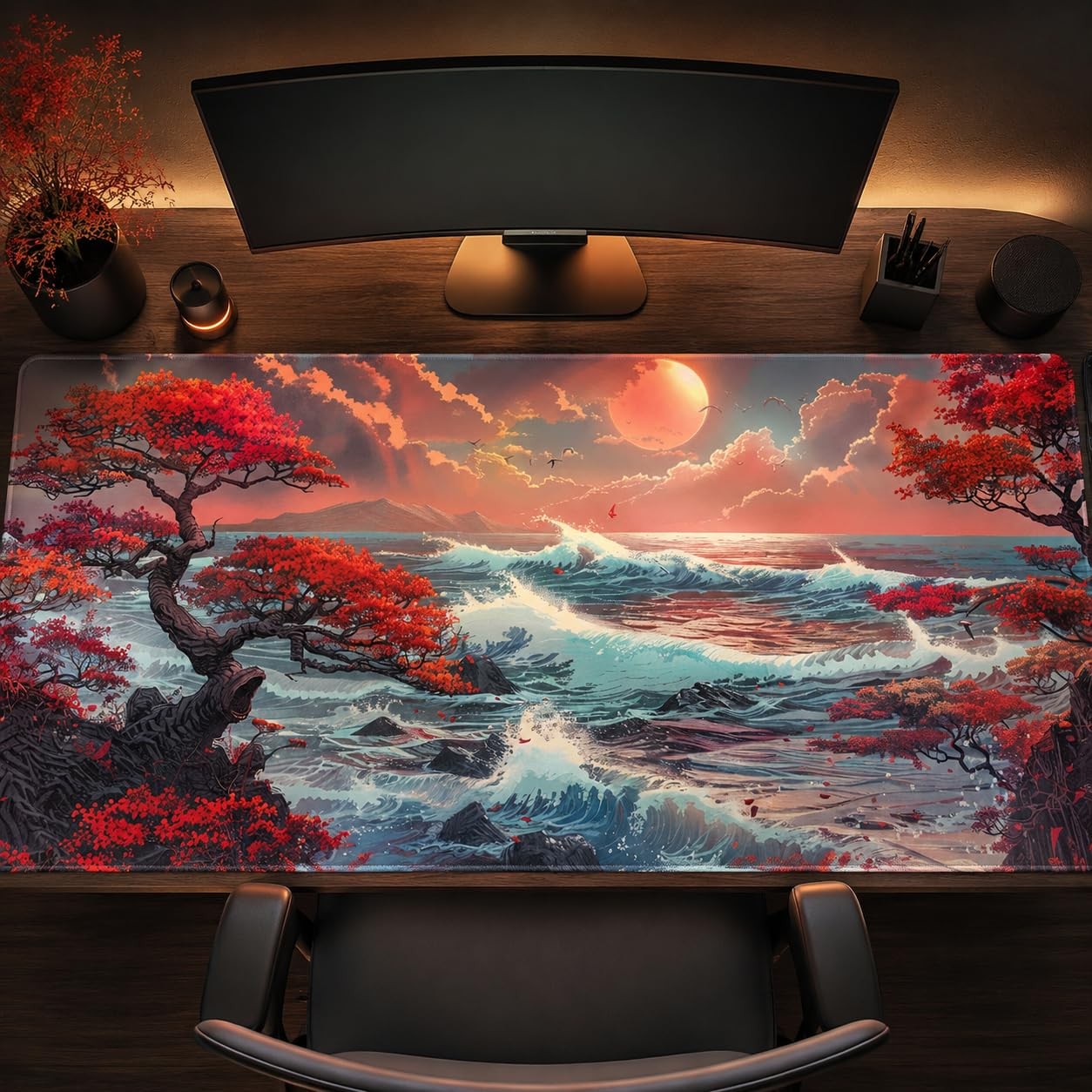 Extended Large Mouse Pad 48x24 Inch Japanese Wave Aesthetic Desk Mat Keyboard