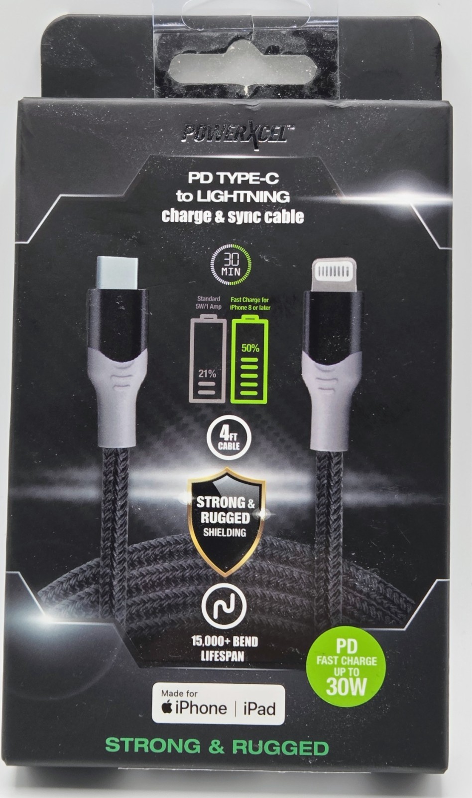 Powerxcel USB-C to Lightning charge & sync 4' rugged cable for iPhone & iPad NEW