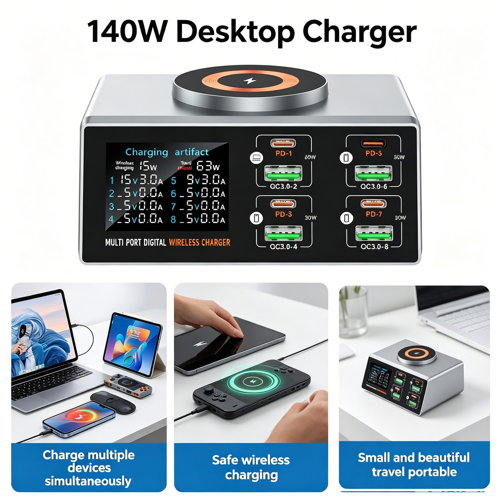 MULTI PORT DIGITAL Charger PD3.0 140W USB-C 8-Port for Laptop Phone Desktop