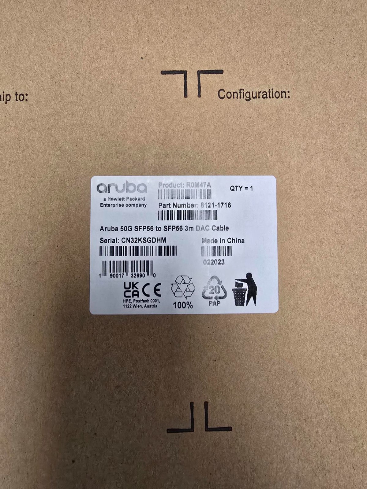 HPE Aruba 50G SFP56 to SFP56 3m Direct Attach Copper Cable ROM47A NIB sealed