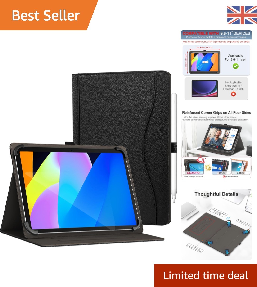 Faux Leather Tablet Case for 10.1 & 11 Inch Tablets, Multi-Angle Stand