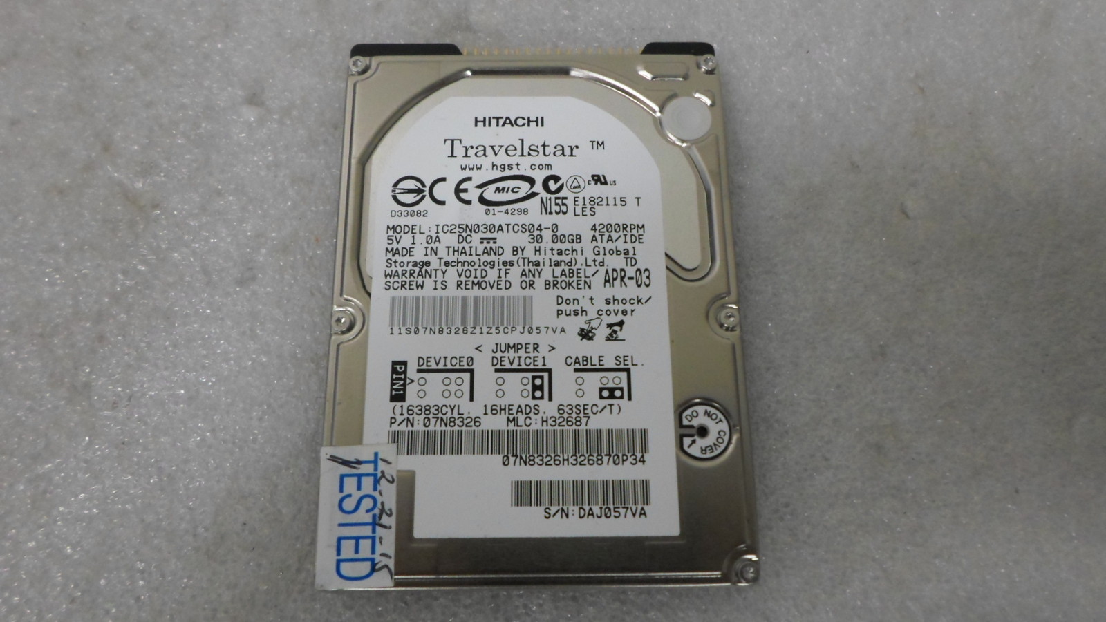 Hitachi or IBM IC25N030ATCS04-0 07N8326 30GB 4200 RPM IDE Hard Drive TESTED