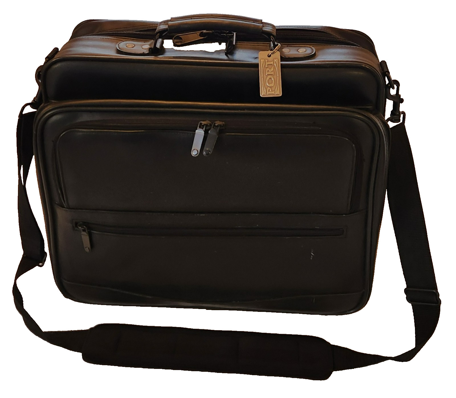 Port Noteworthy Executive Black Leather Laptop Briefcase with Shoulder Strap