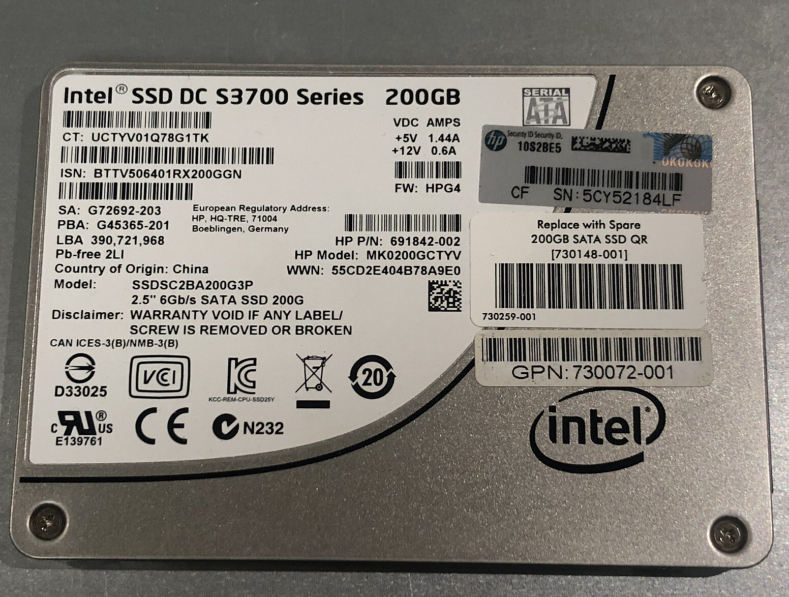 HP Intel 200GB DC S3700 SSD 2.5 SFF SSDSC2BA200G3P MK0200GCTYV HPE G8 G10 G7 G9