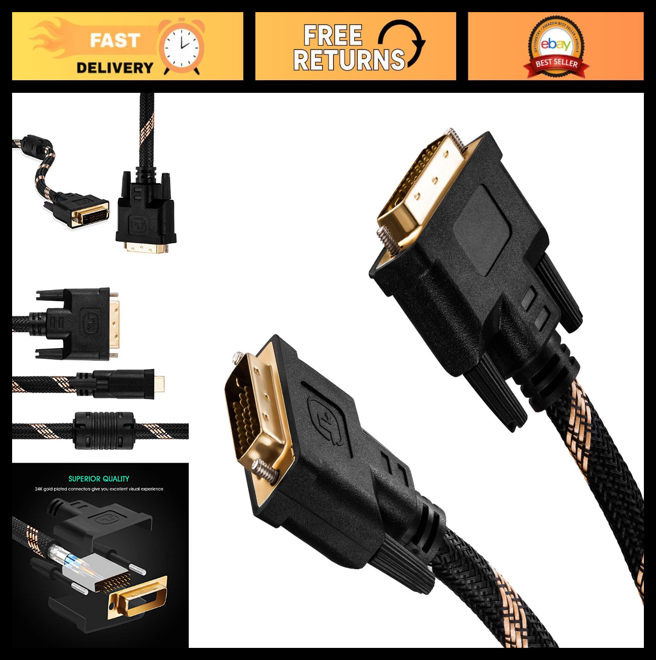 50Ft DVI to DVI Cable, Nylon Braided Dual Link Male to Male, Gold Plated, 2560x1