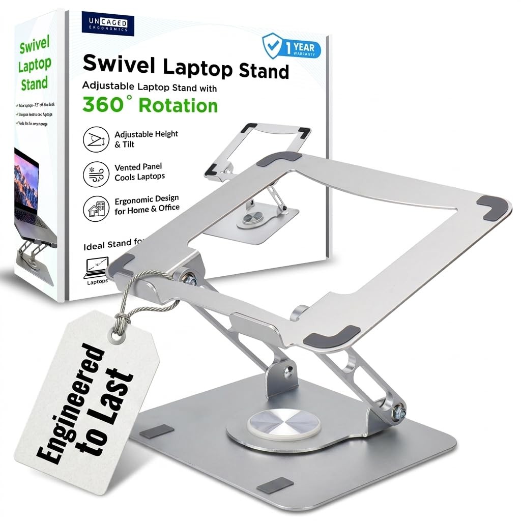 Uncaged Ergonomics Swivel Laptop Stand for Desk, 360 Riser, Arctic Silver