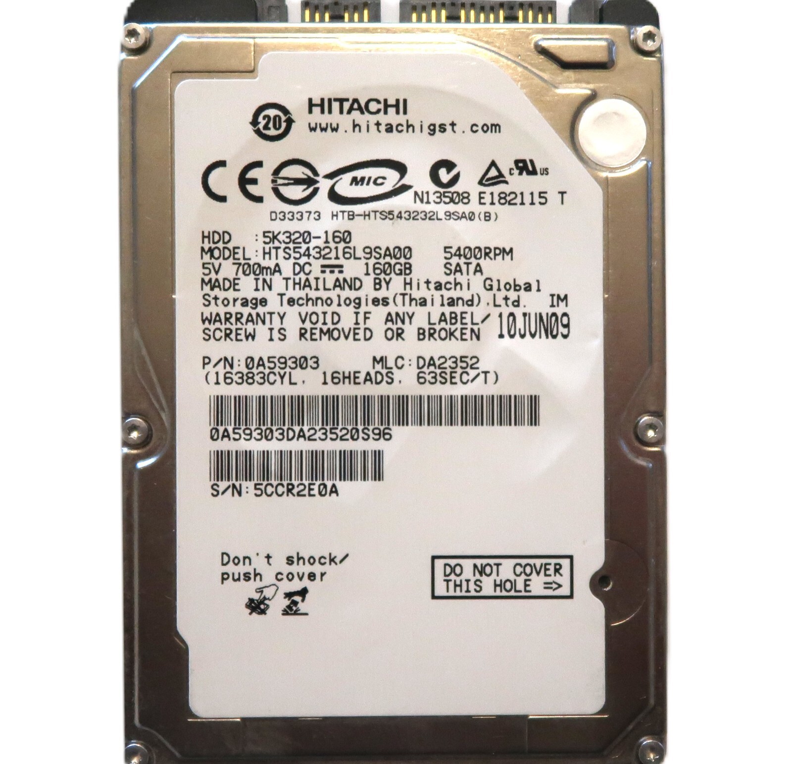 Hitachi HTS543216L9SA00 PN: 0A59303 MLC: DA2352 (5CCR) 2.5" 160gb Sata JUN/09